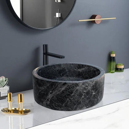 Natural Black Marble Vessel Sink 16.5 Inch Round Polished Finish
