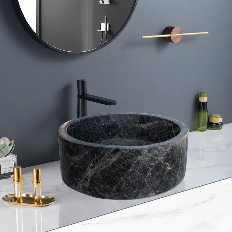 Natural Black Marble Vessel Sink 16.5 Inch Round Polished Finish