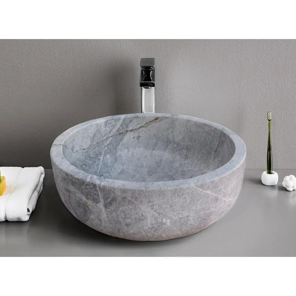Grey Marble Vessel Bathroom Sink 16 Inch Size Hand Carved Polished