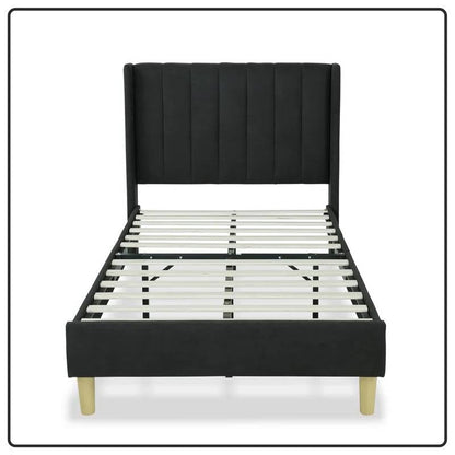 Twin size Mid-Century Black Linen Platform Bed Frame with Upholstered Headboard