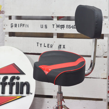 Saddle Drum Throne with Backrest Support by GRIFFIN - Padded Leather Drummer Motorcycle Biker Style Seat - Swivel Adjustable Height Music Drum Chair