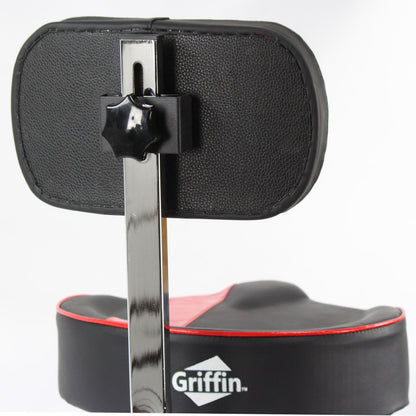 Saddle Drum Throne with Backrest Support by GRIFFIN - Padded Leather Drummer Motorcycle Biker Style Seat - Swivel Adjustable Height Music Drum Chair
