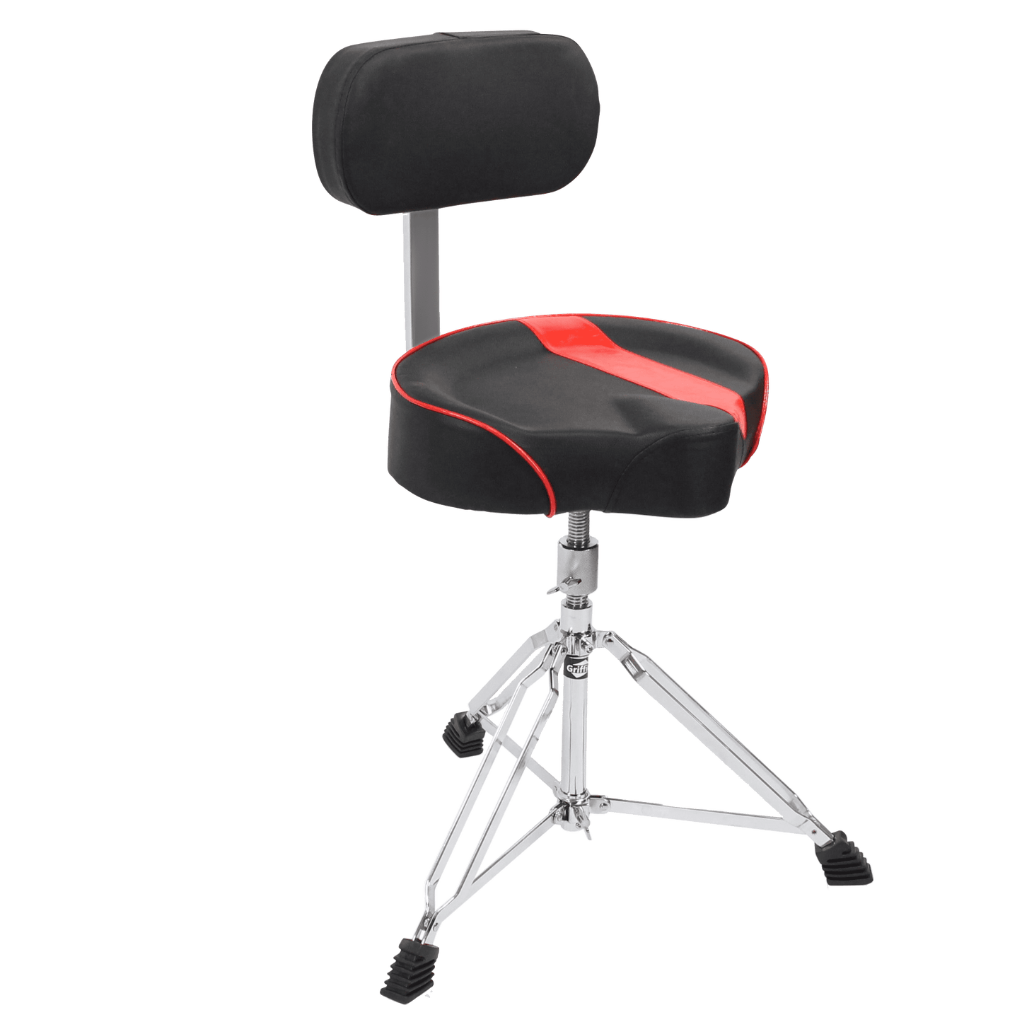 Saddle Drum Throne with Backrest Support by GRIFFIN - Padded Leather Drummer Motorcycle Biker Style Seat - Swivel Adjustable Height Music Drum Chair