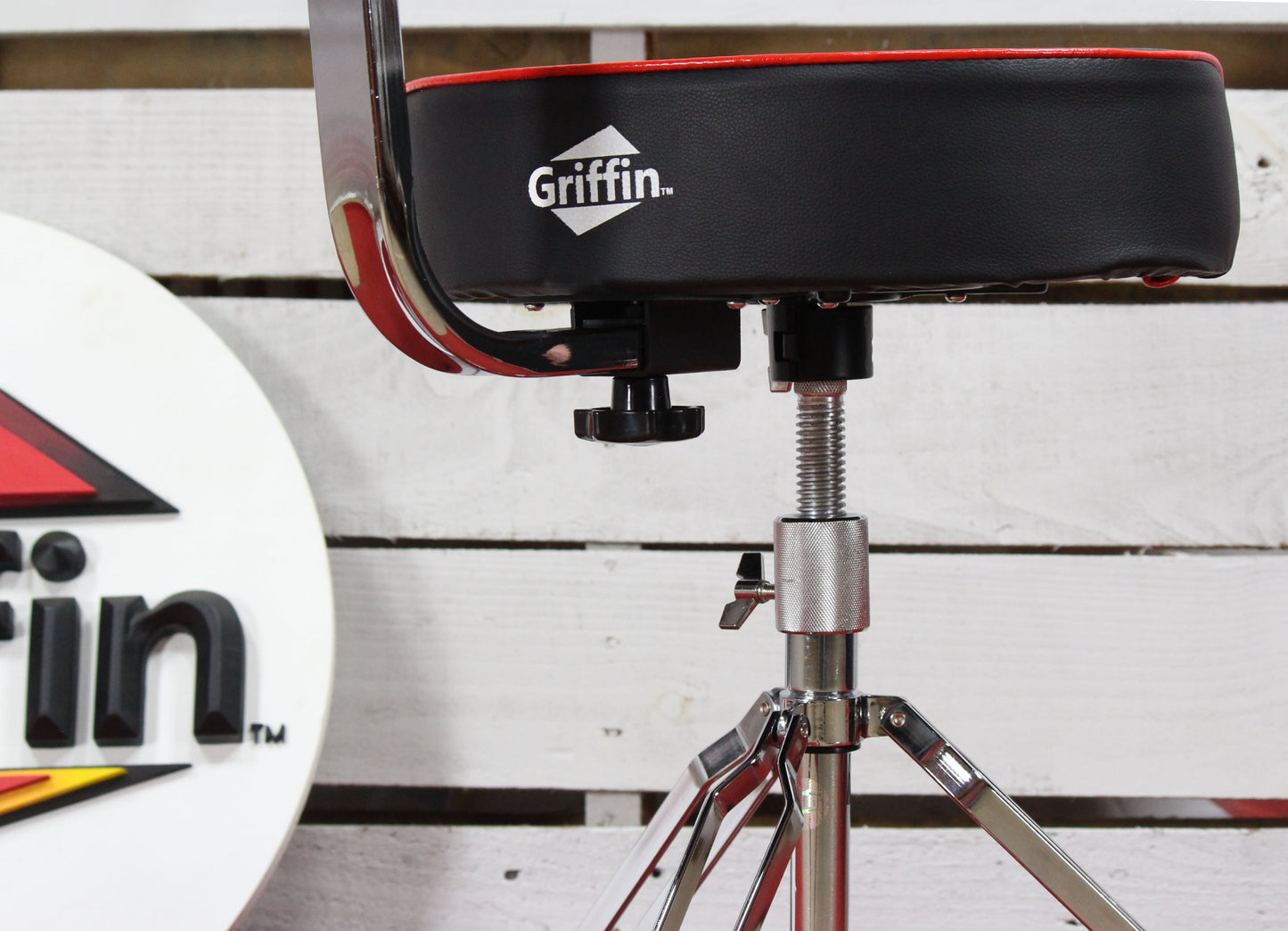 Saddle Drum Throne with Backrest Support by GRIFFIN - Padded Leather Drummer Motorcycle Biker Style Seat - Swivel Adjustable Height Music Drum Chair