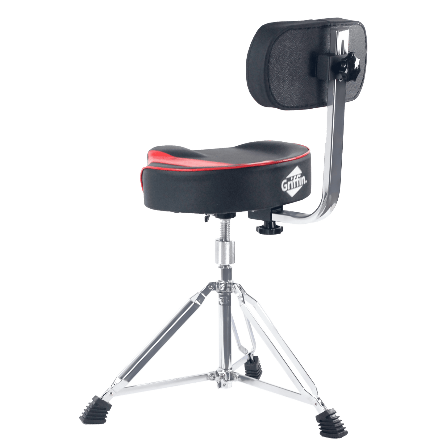 Saddle Drum Throne with Backrest Support by GRIFFIN - Padded Leather Drummer Motorcycle Biker Style Seat - Swivel Adjustable Height Music Drum Chair