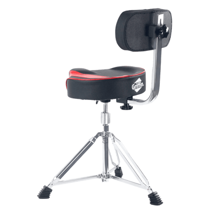 Saddle Drum Throne with Backrest Support by GRIFFIN - Padded Leather Drummer Motorcycle Biker Style Seat - Swivel Adjustable Height Music Drum Chair