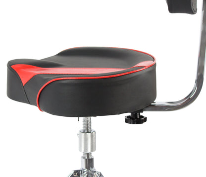Saddle Drum Throne with Backrest Support by GRIFFIN - Padded Leather Drummer Motorcycle Biker Style Seat - Swivel Adjustable Height Music Drum Chair