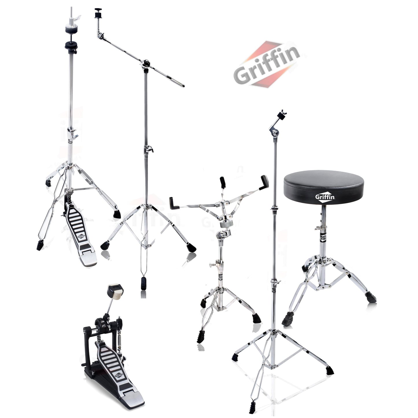 Complete Drum Hardware Pack 6 Piece Set by GRIFFIN | Full Size Percussion Stand Kit with Snare, Hi-Hat, Cymbal Boom, Throne Stool & Single Kick Drum Pedal | Lightweight and Portable, Perfect for Gigs