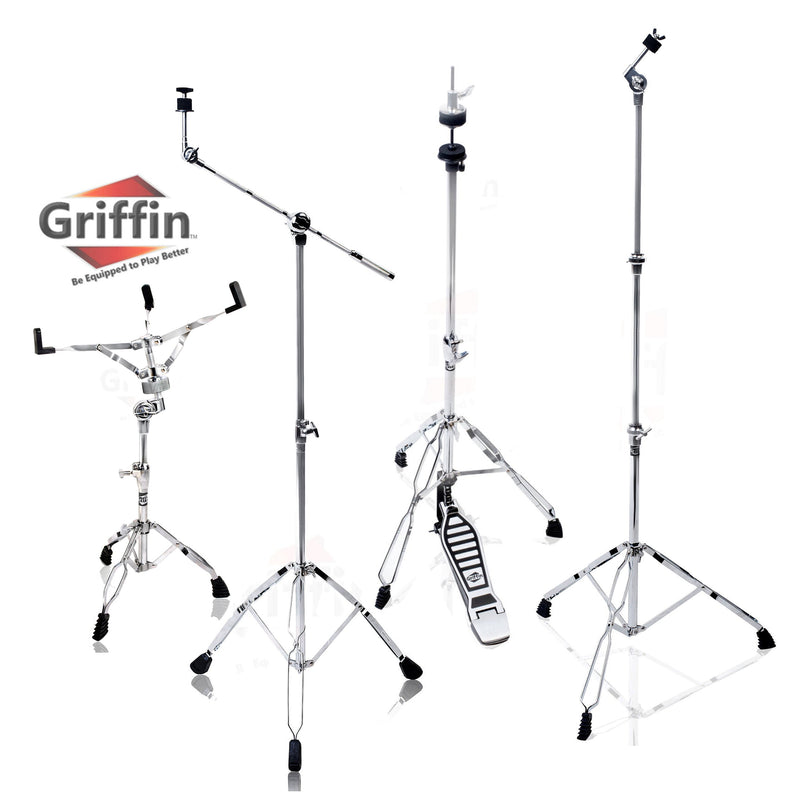 GRIFFIN Cymbal Stand Hardware Pack 4 Piece Set - Full Size Percussion Drum Hardware Kit with Snare Mount, Hi-Hat Pedal, Cymbal Boom, & Straight Stand