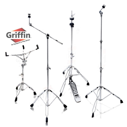 GRIFFIN Cymbal Stand Hardware Pack 4 Piece Set | Full Size Percussion Drum Hardware Kit with Snare Mount, Hi-Hat Pedal, Cymbal Boom, & Straight Cymbal Stand | Lightweight & Portable | Perfect for Gigs