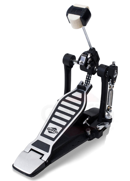 Single Kick Bass Pedal, Drum Throne & Snare Stand (3-Piece Set) by GRIFFIN - Double-Chain Foot Percussion Kit for Intense Play & Comfortable Drum Seat for Adults