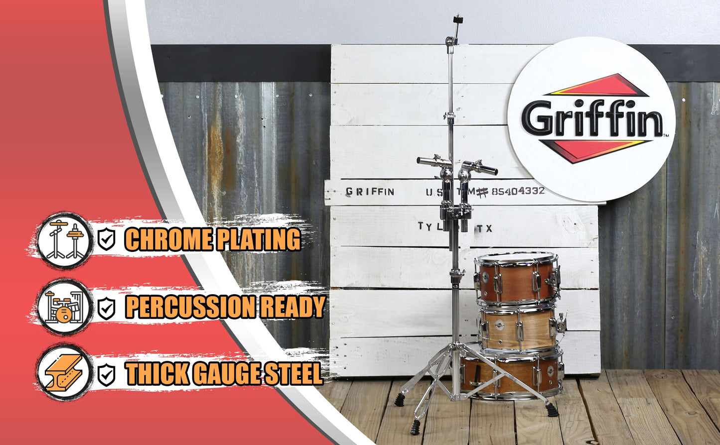 Double Tom Drum Stand with Cymbal Arm by GRIFFIN | Drummers Percussion Set Hardware with Dual Drum Mounts | Medium Duty Tom Holder with Double Braced Tripod Legs | Accommodates All Standard Cymbals