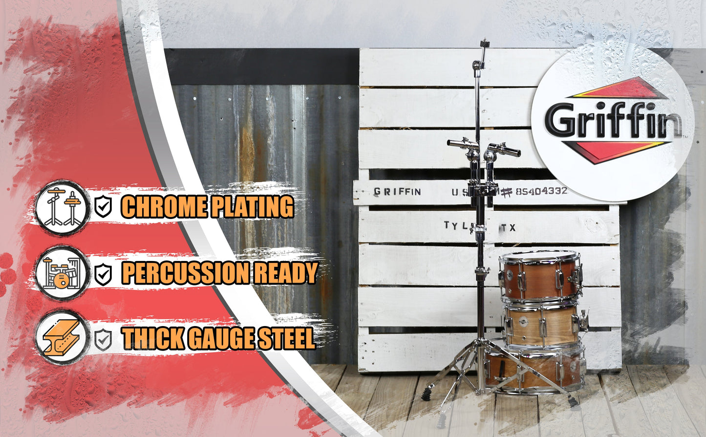 Double Tom Drum Stand with Cymbal Arm by GRIFFIN - Drummers Percussion Set Hardware with Dual Drum Mounts - Tom Holder with Double Braced Legs