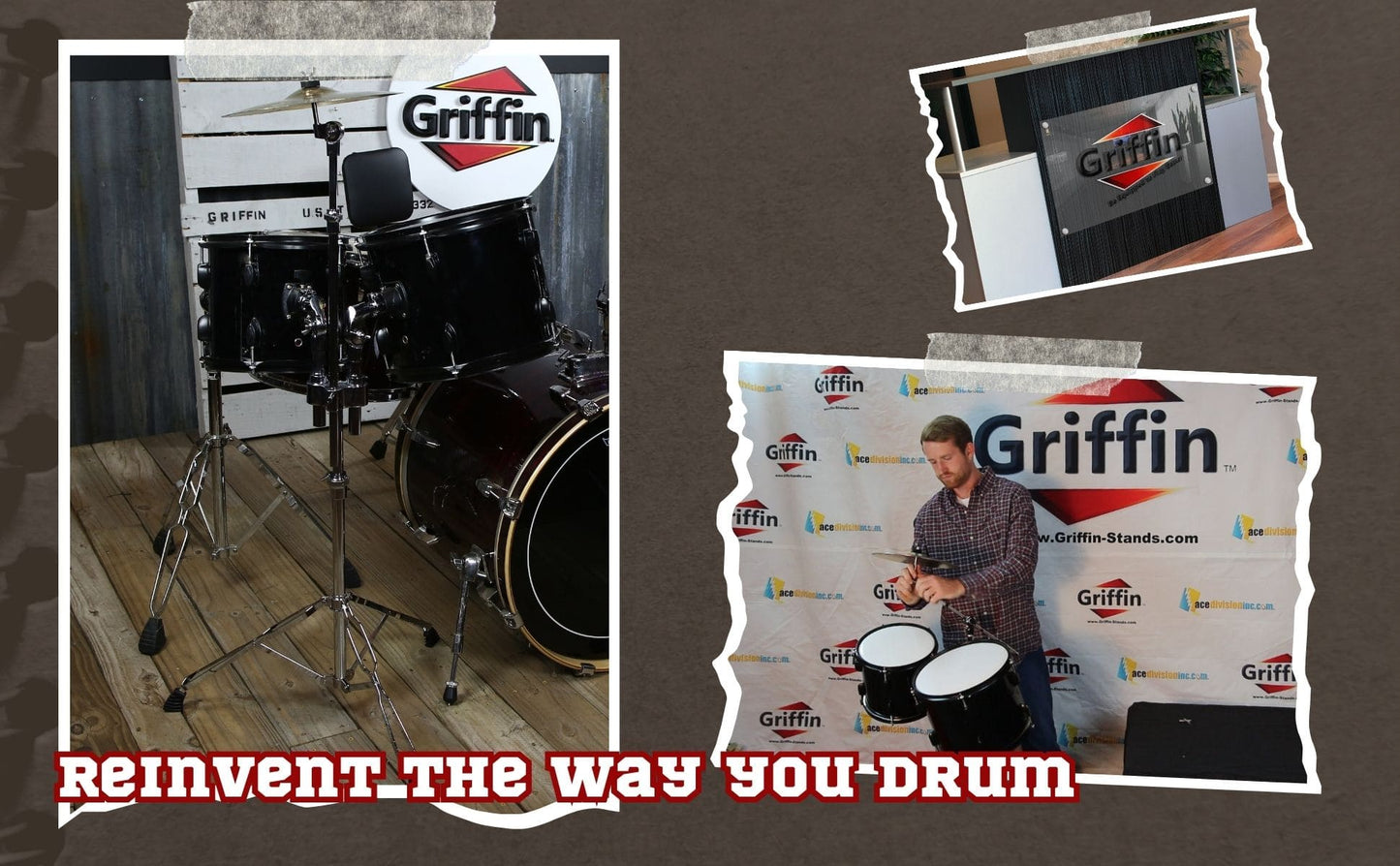 Double Tom Drum Stand with Cymbal Arm by GRIFFIN | Drummers Percussion Set Hardware with Dual Drum Mounts | Medium Duty Tom Holder with Double Braced Tripod Legs | Accommodates All Standard Cymbals