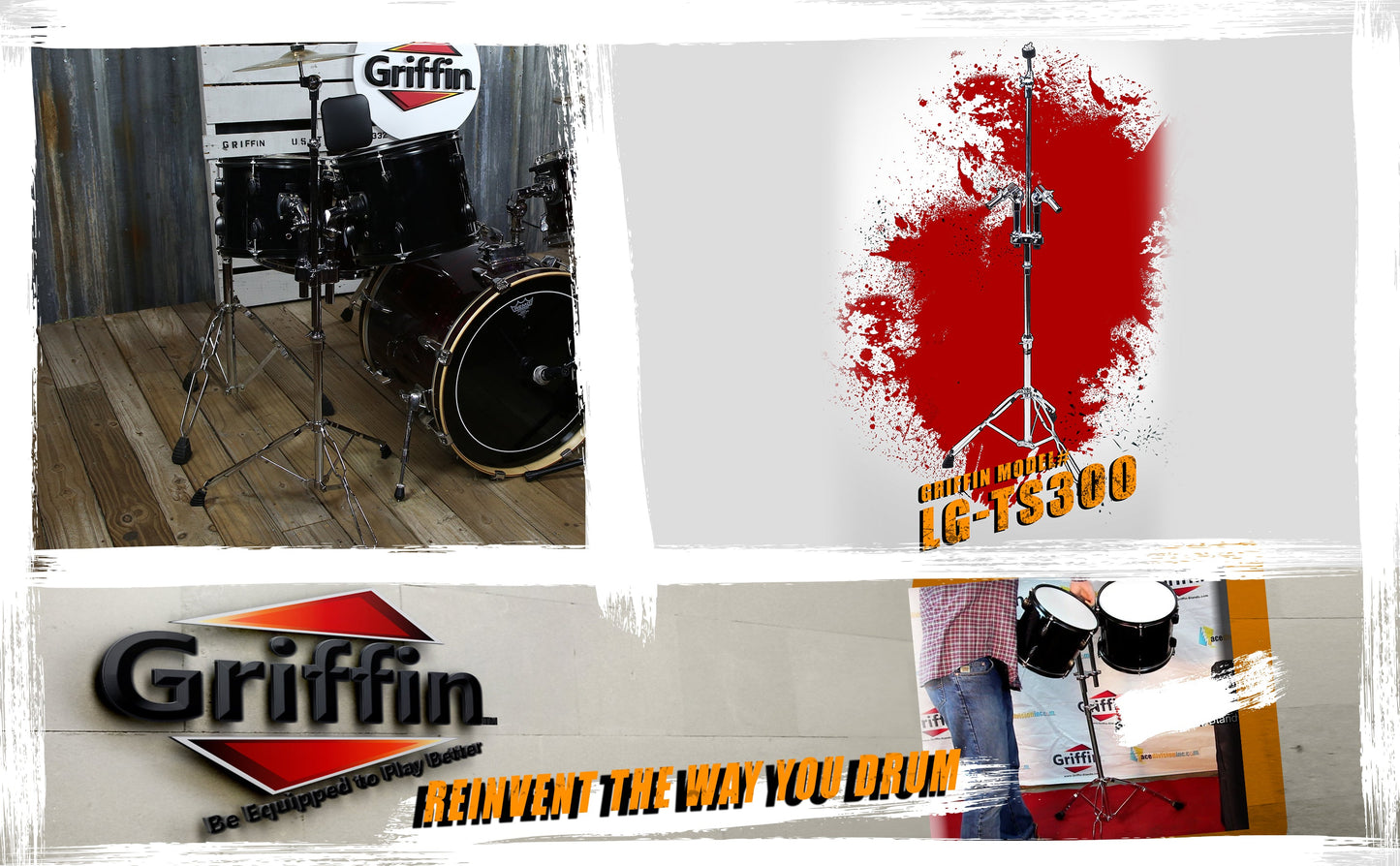 Double Tom Drum Stand with Cymbal Arm by GRIFFIN - Drummers Percussion Set Hardware with Dual Drum Mounts - Tom Holder with Double Braced Legs