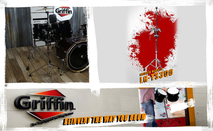 Double Tom Drum Stand with Cymbal Arm by GRIFFIN - Drummers Percussion Set Hardware with Dual Drum Mounts - Tom Holder with Double Braced Legs