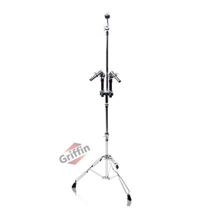 Double Tom Drum Stand with Cymbal Arm by GRIFFIN - Drummers Percussion Set Hardware with Dual Drum Mounts - Tom Holder with Double Braced Legs