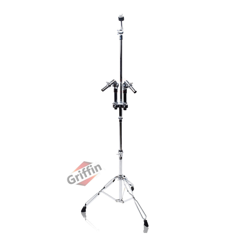 Double Tom Drum Stand with Cymbal Arm by GRIFFIN - Drummers Percussion Set Hardware with Dual Drum Mounts - Tom Holder with Double Braced Legs