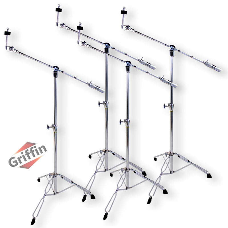 Cymbal Boom Stands (4 PACK) by GRIFFIN - Chrome Drum Kit Hardware Set with Double-Braced Tripod Legs - Counterweight Adapter for Mounting Heavy-Duty Crash, Ride & Splash Cymbals Cymbals