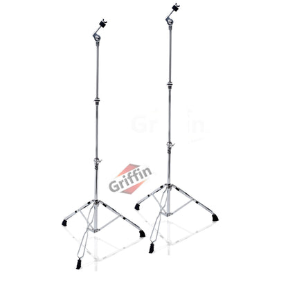 Straight Cymbal Stand (2 Pack) by GRIFFIN | Double Braced Legs, Slip-Proof Gear Holder | Light-Duty for Mobile Drummers | Percussion Drum Hardware Set for Mounting Crash, Ride & Splash Cymbals