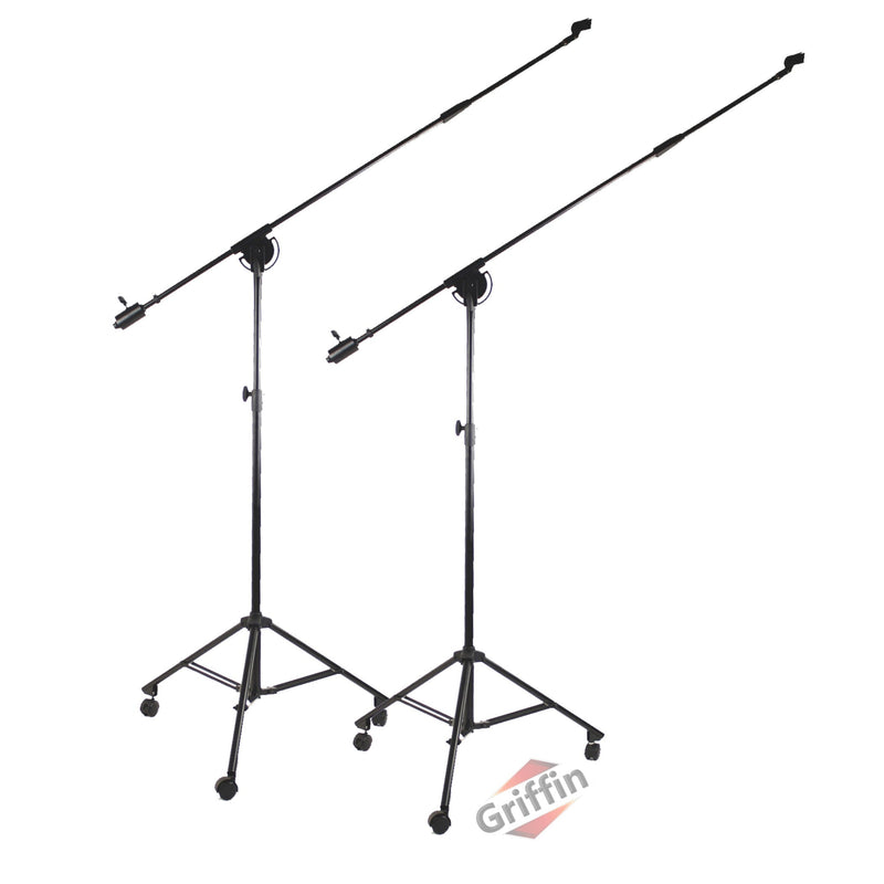 Studio Microphone Boom Stand with Wheels (2-PACK) by GRIFFIN - Professional Telescoping Mic Holder for Recording & Stage - Tall Adjustable Arm Mount & Retractable Tripod Legs on Casters