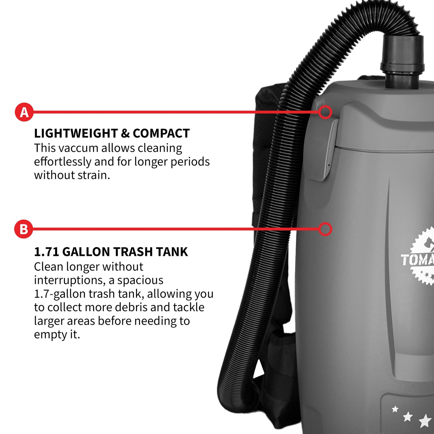 Electric Backpack Vacuum 6 qt Lightweight Commercial High-Performance Cleaning Solution