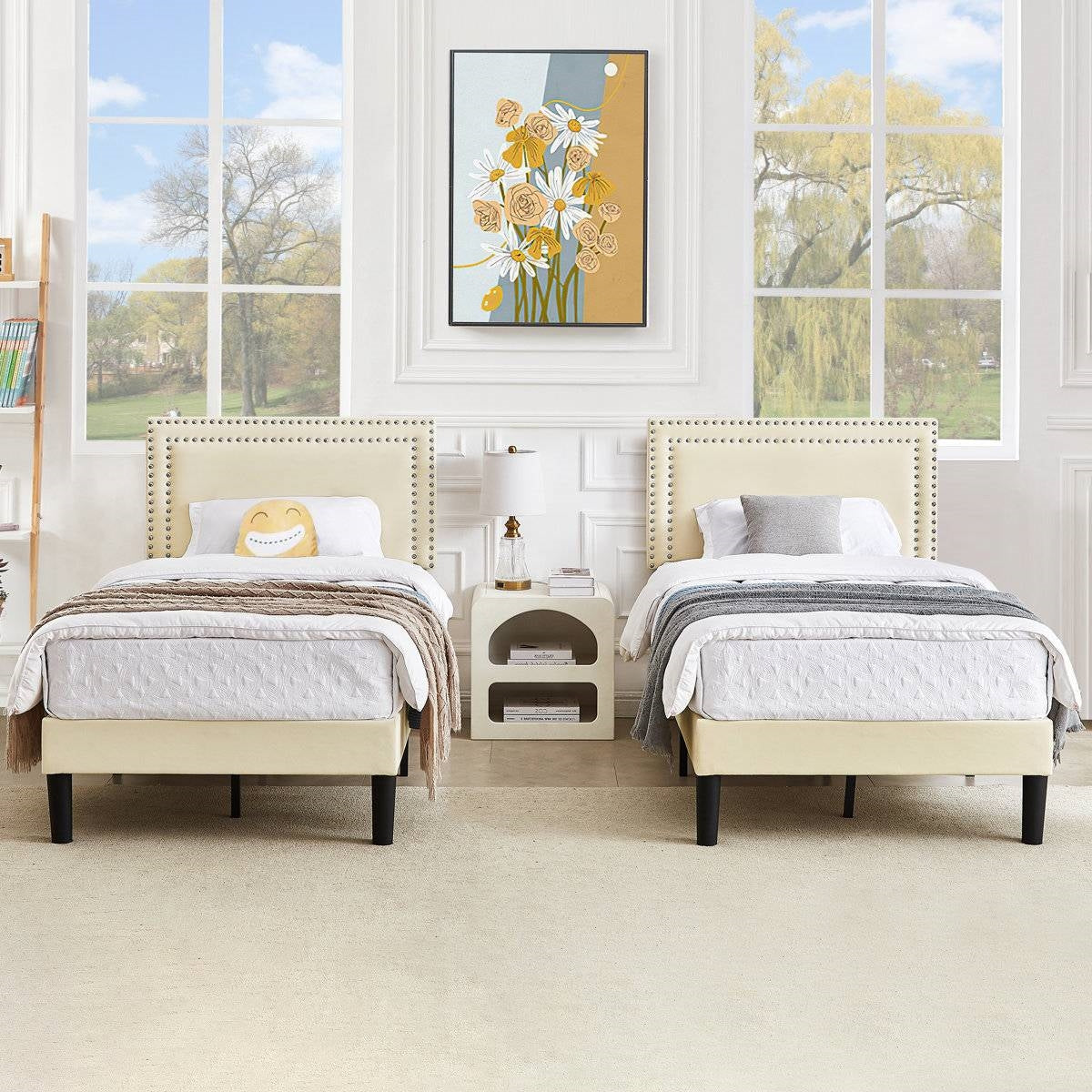 Twin Size - Set of 2  - Dorm Style Beige Tufted Upholstered Platform Beds