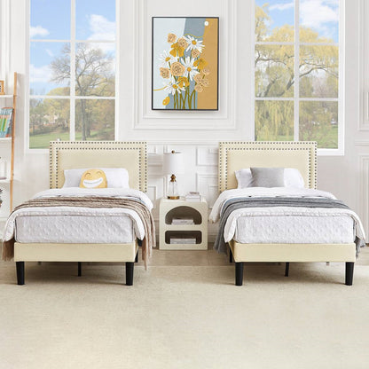 Twin Size - Set of 2  - Dorm Style Beige Tufted Upholstered Platform Beds