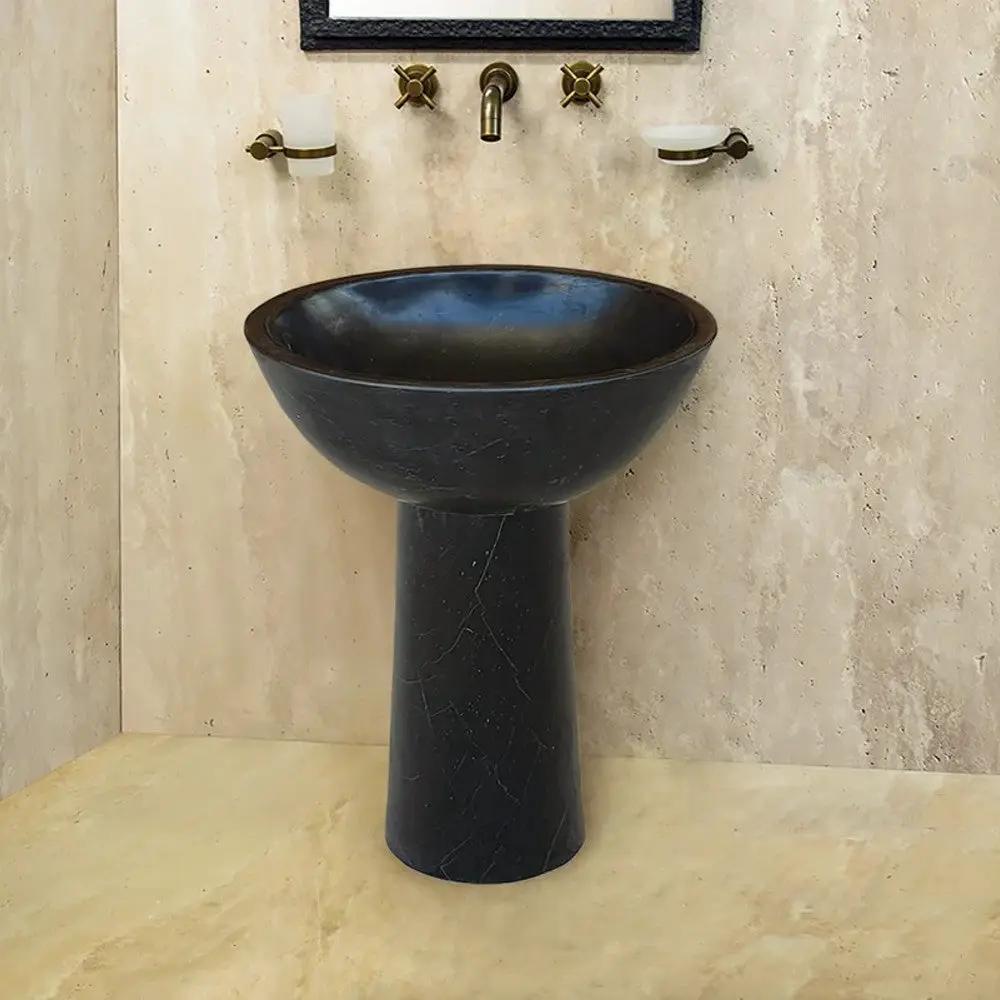 Black Marble Pedestal Oval Bathroom Vanity Sink Polished