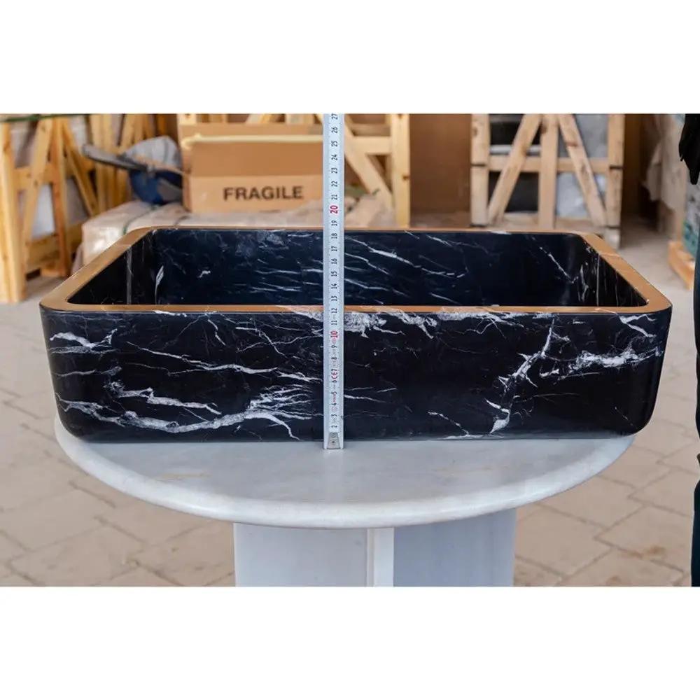 Handcrafted Black Marble Rectangular Bathroom Sink Semi Polished 14