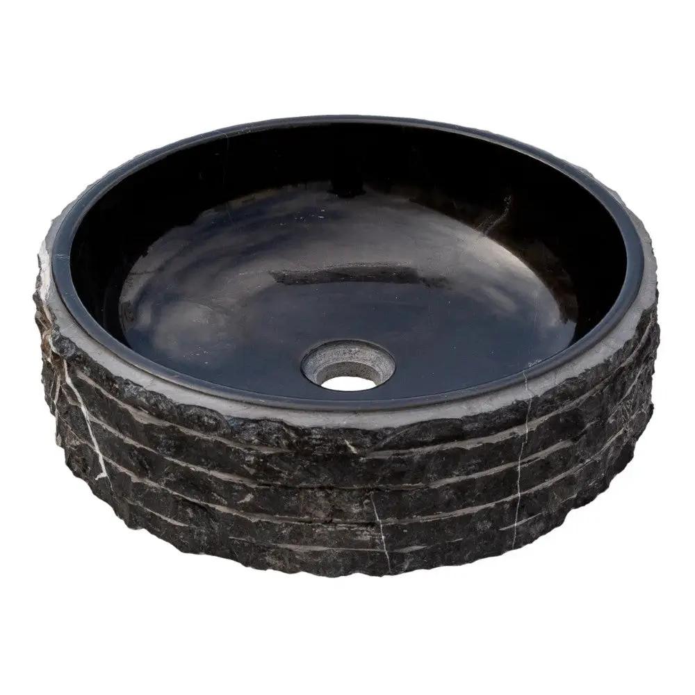 Black Marble Handcrafted Vessel Bathroom Sink 16 Inch Diameter Combed Finish