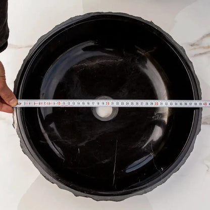 Black Marble Handcrafted Vessel Bathroom Sink 16 Inch Diameter Combed Finish