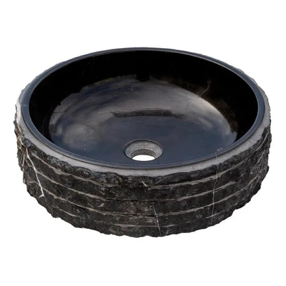 Black Marble Handcrafted Vessel Bathroom Sink 16 Inch Diameter Combed Finish