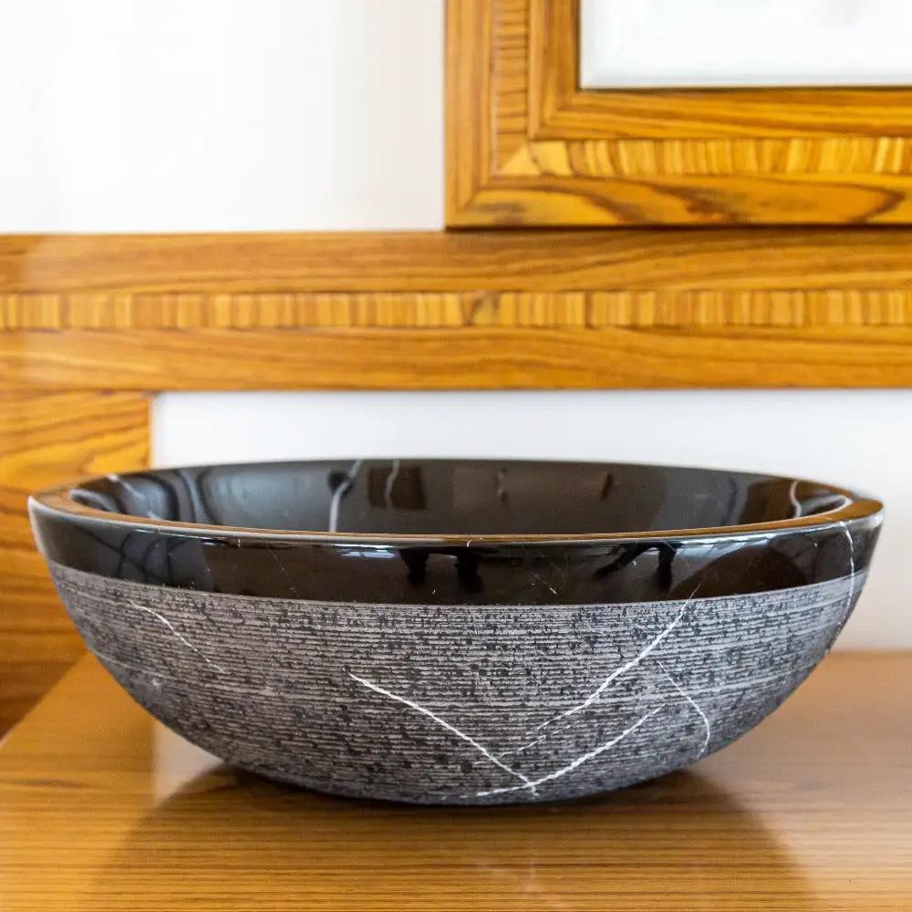 Black Marble Vessel Bathroom Sink 16 Inch Round Handcrafted Natural Stone