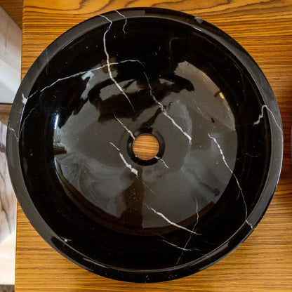 Black Marble Vessel Bathroom Sink 16 Inch Round Handcrafted Natural Stone