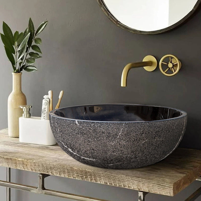 Black Marble Vessel Sink 16 Inch Round - Polished Interior Rough