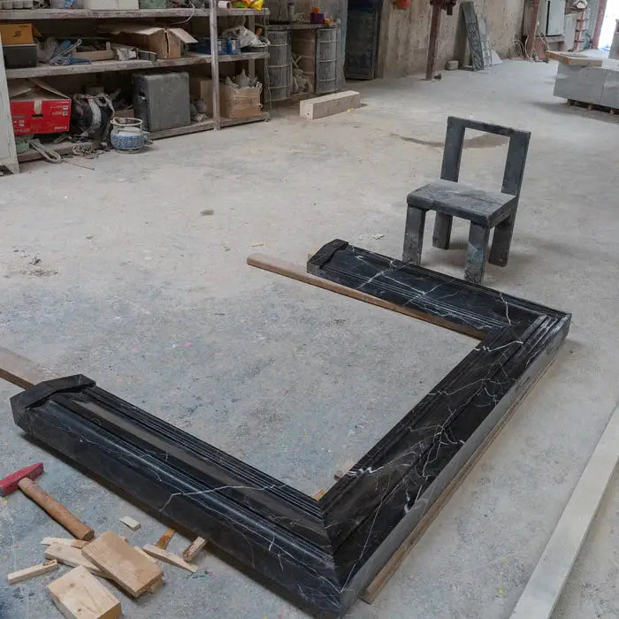 Black Marble Fireplace Mantel Hand Carved with White Veining - Polished 49 x 69 Inch