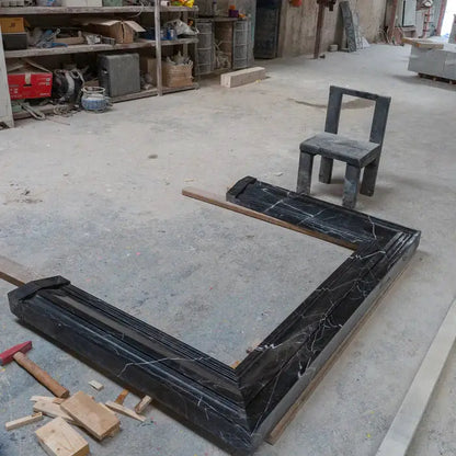 Black Marble Fireplace Mantel Hand Carved with White Veining - Polished 49 x 69 Inch