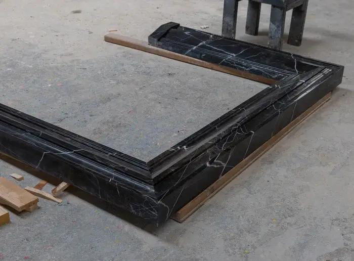 Black Marble Fireplace Mantel Hand Carved with White Veining - Polished 49 x 69 Inch