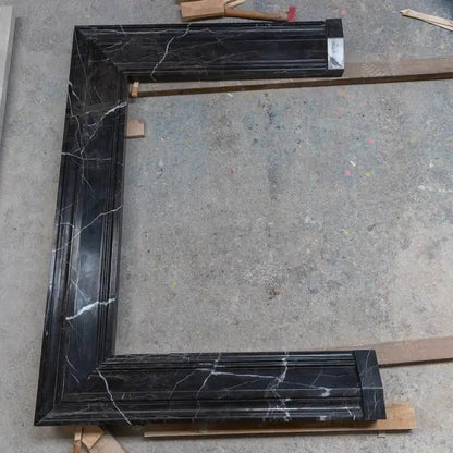 Black Marble Fireplace Mantel Hand Carved with White Veining - Polished 49 x 69 Inch