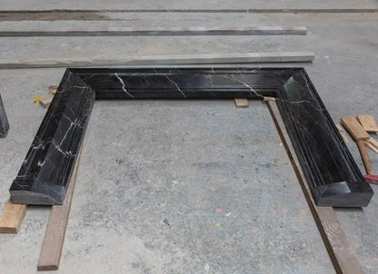 Black Marble Fireplace Mantel Hand Carved with White Veining - Polished 49 x 69 Inch
