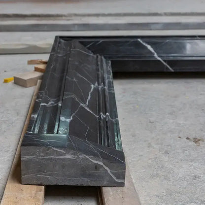 Black Marble Fireplace Mantel Hand Carved with White Veining - Polished 49 x 69 Inch