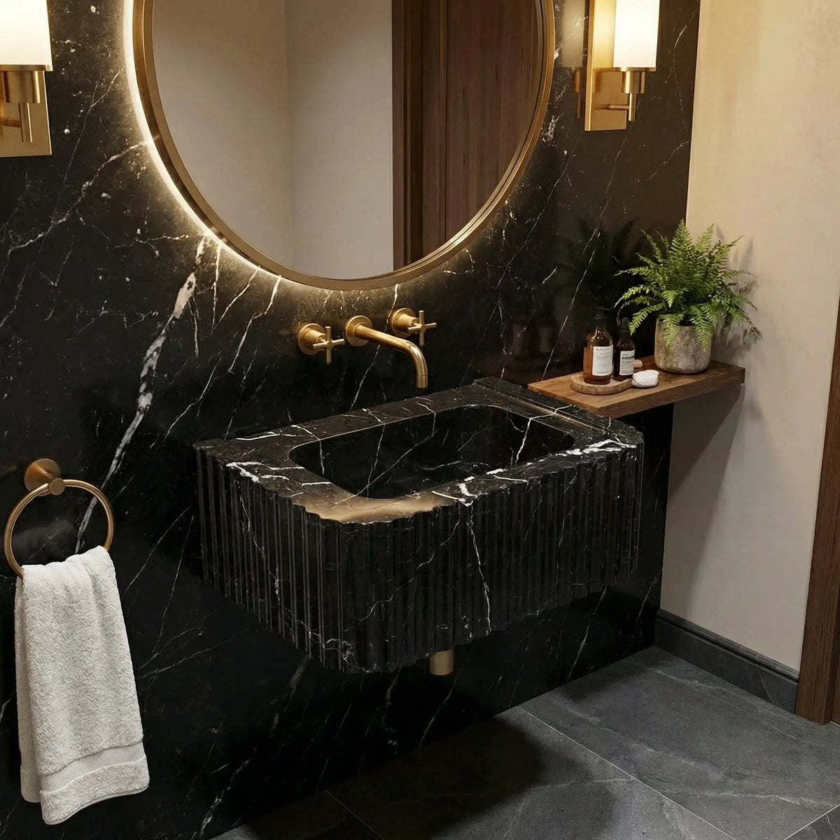 Turkish Black Marble Handcrafted Wall Mount Vessel Bathroom Sink