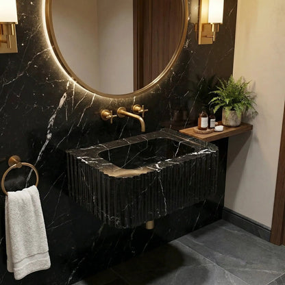 Turkish Black Marble Handcrafted Wall Mount Vessel Bathroom Sink