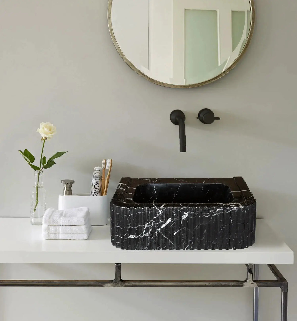 Turkish Black Marble Handcrafted Wall Mount Vessel Bathroom Sink