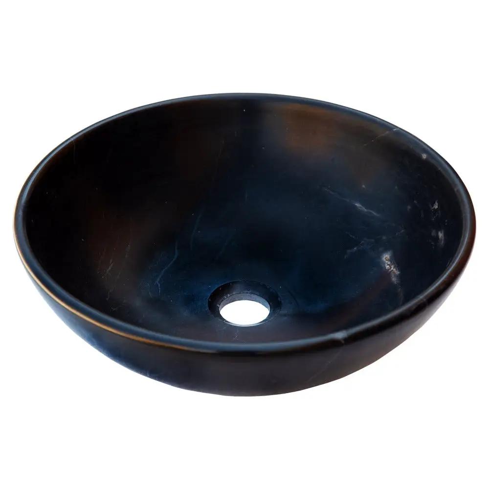 Black Natural Stone Marble Round Vessel Bathroom Sink Semi Polished