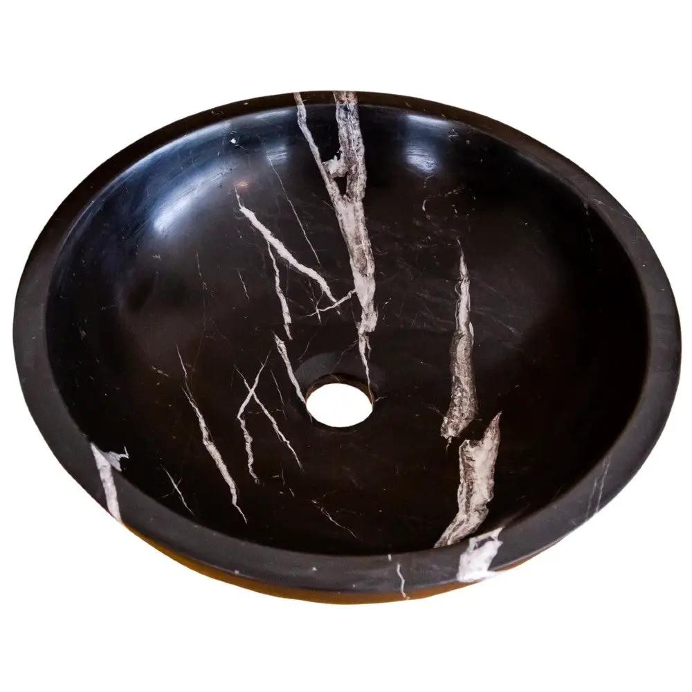 Black Marble Round Vessel Sink Polished Natural Stone 16 Inch