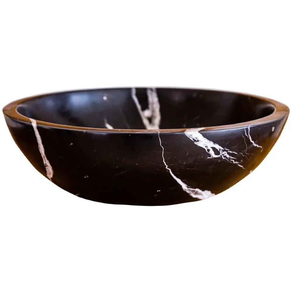 Black Marble Round Vessel Sink Polished Natural Stone 16 Inch