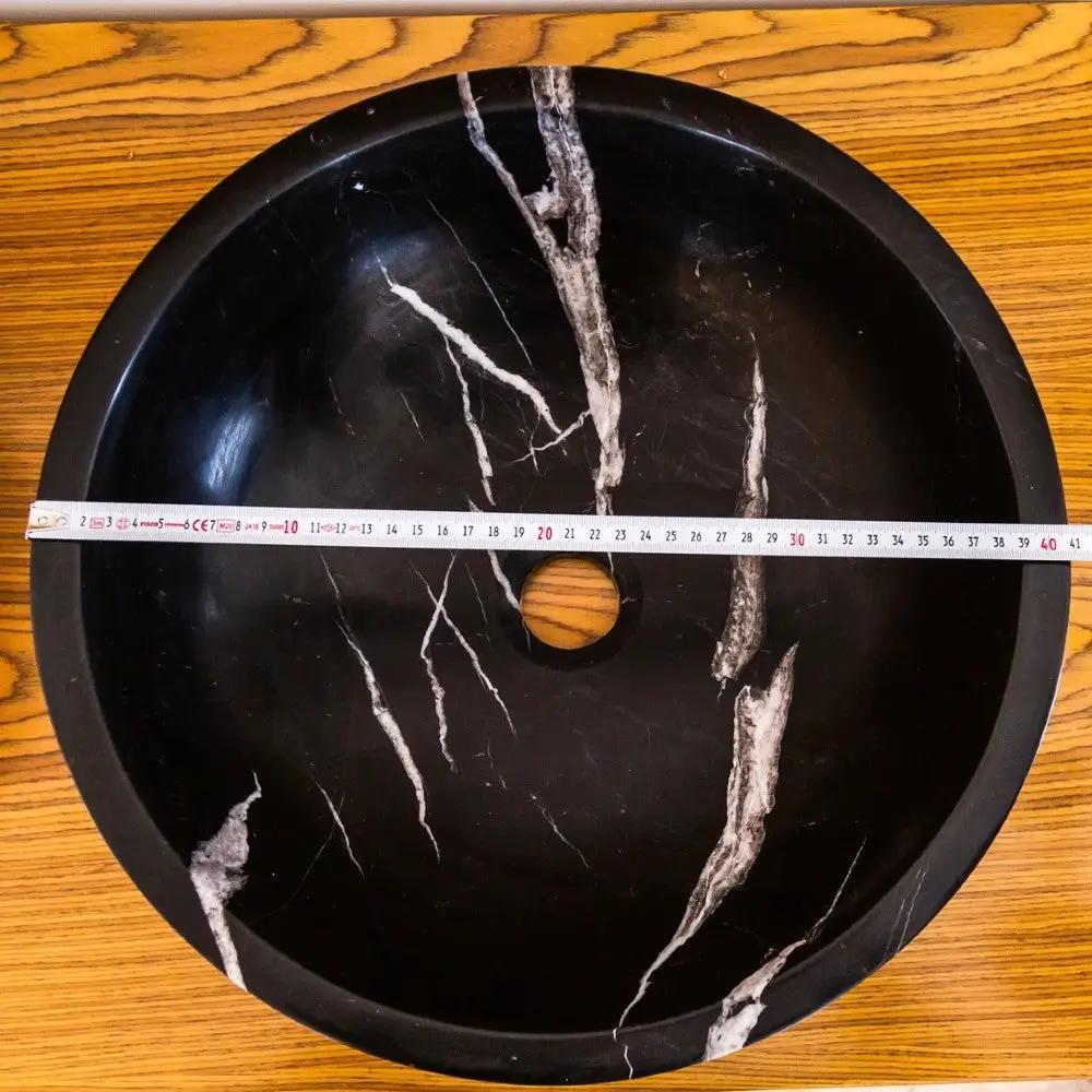 Black Marble Round Vessel Sink Polished Natural Stone 16 Inch