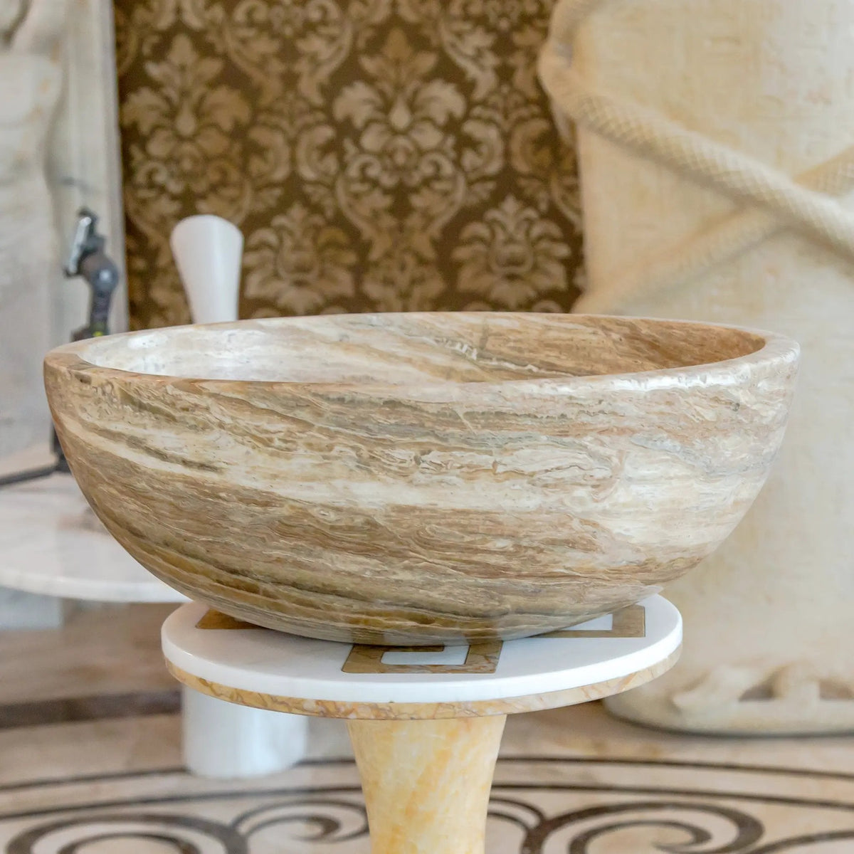 Travertine Onyx Round Beige Vessel Sink For Bathroom With Honed Finish